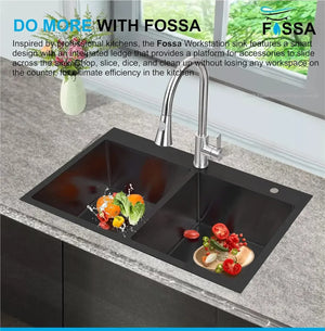 304 Handmade (37"x18"x10) Inch Stainless Steel Double Bowl black Kitchen Sink With Tap Hole - Fossa Home
