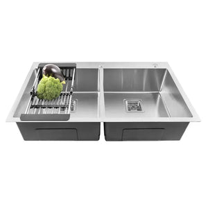Fossa 37"x18"x10" Inch Double Bowl With Tap Hole SS-304 Grade Stainless Steel Handmade Kitchen Sink Matte Finish Silver Fossa Home