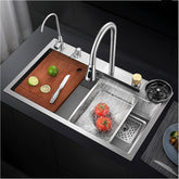 Fossa 37"x18"x10" Single Bowl 304 Grade WaterFall Kitchen Sink with Integrated Waterfall mode and Pull Down Faucet with Steel Tray, Fruit Basket and Complete Accessories Set. - Fossa Home