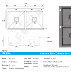Fossa 45"x20"x10" Double Bowl With Tap Hole SS-304 Grade Stainless Steel Handmade Kitchen Sink Black Matte Finish Fossa Home