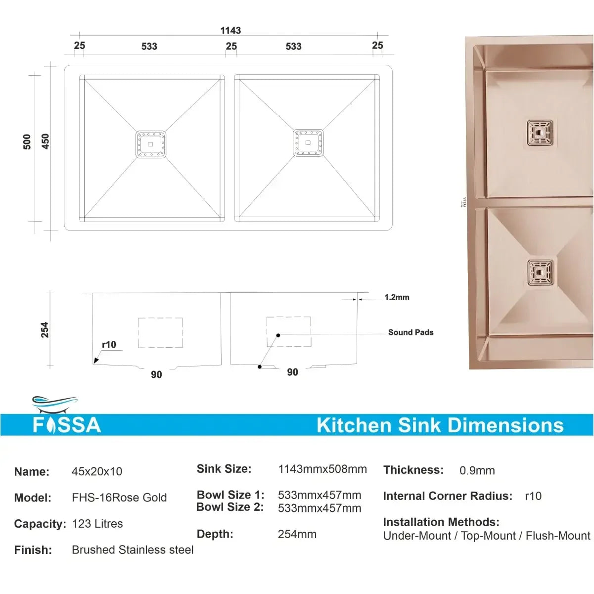 Premium Handmade (45x 20x 10) Inch Double Bowl Rose gold Stainless Steel Kitchen Sink - Fossa Home