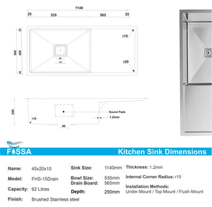 304 silver Single Bowl with Drain Board Handmade Kitchen Sink (45"x20"x10") - Fossa Home