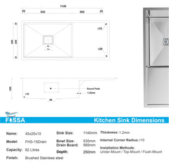 Fossa 45"x20"x10" Inch Single Bowl With Drain Board SS-304 Grade Stainless Steel Handmade Kitchen Sink Matte Finish Silver Fossa Home