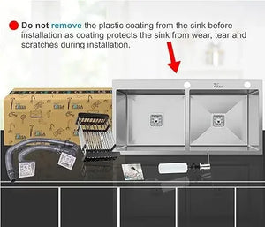 Fossa Silver Kitchen Sink - 32"x18"x10" Inch Stainless Steel Double Bowl Sink With Tap Hole,Drain Basket, Soap Dispenser, Siphon Drain - Topmount Sink for Campervan or Home Kitchen - Fossa Home