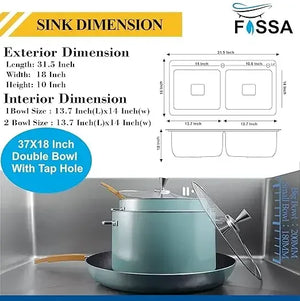 Fossa Silver Kitchen Sink - 32"x18"x10" Inch Stainless Steel Double Bowl Sink With Tap Hole,Drain Basket, Soap Dispenser, Siphon Drain - Topmount Sink for Campervan or Home Kitchen - Fossa Home