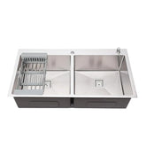 Fossa Silver Kitchen Sink - 32"x18"x10" Inch Stainless Steel Double Bowl Sink With Tap Hole,Drain Basket, Soap Dispenser, Siphon Drain - Topmount Sink for Campervan or Home Kitchen Fossa Home