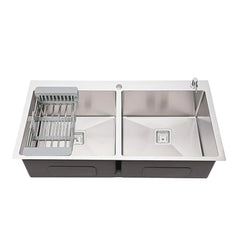 Fossa Silver Kitchen Sink - 32"x18"x10" Inch Stainless Steel Double Bowl Sink With Tap Hole,Drain Basket, Soap Dispenser, Siphon Drain - Topmount Sink for Campervan or Home Kitchen Fossa Home