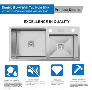 Fossa Silver Kitchen Sink - 32"x18"x10" Stainless Steel Double Bowl Sink With Single Tap Hole,Drain Basket, Soap Dispenser, Siphon Drain - Topmount Sink for Campervan or Home Kitchen Fossa Home