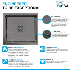 Fossa 18"X16"X09" Single Bowl Premium Stainless Steel Handmade Kitchen Sink (Matte Finish) Black Fossa Home