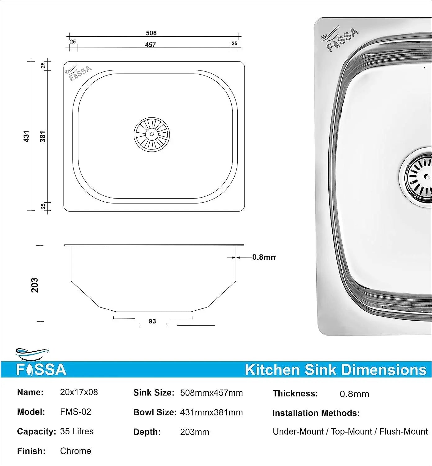 Fossa 20"x17"x09" inch Single Bowl Premium Stainless Steel Kitchen Sink With SS Coupling Glossy Finish Fossa Home
