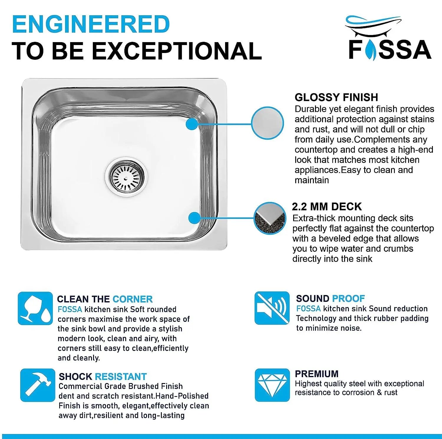 Fossa 20"x17"x09" inch Single Bowl Premium Stainless Steel Kitchen Sink With SS Coupling Glossy Finish Fossa Home