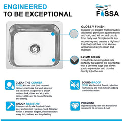 Fossa 20"x17"x09" inch Single Bowl Premium Stainless Steel Kitchen Sink With SS Coupling Glossy Finish Fossa Home