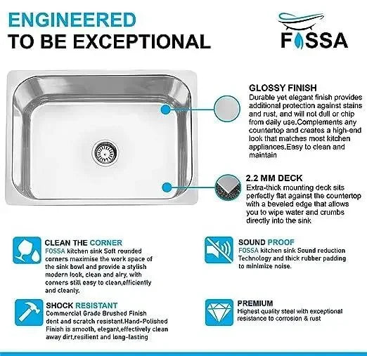 Fossa 22"x18"x08" inch Single Bowl Premium Stainless Steel Kitchen Sink With PVC Coupling Glossy Finish Fossa Home