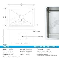 Fossa 22"x18"X09" Single Bowl SS-304 Grade Stainless Steel Handmade kitchen Sink Round Coupling Matte Finish FS-05R Fossa Home