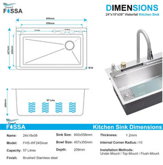 Fossa 24"x18"x09" Single Bowl 304 Grade Waterfall Kitchen Sink Honeycomb Embossed Sink with Nano Coating, Stainless Steel, Rectangular Workstation, Faucet With Included All Accessories. (Silver) Fossa Home