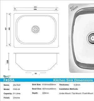 Premium Indian (24"X18"X9") Inch Single Bowl Indian Kitchen Sink Scratch-Resistant Glossy Finish - Fossa Home