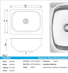 Fossa 24"X18"X09" Single Bowl Stainless Steel Kitchen Sink With SS Coupling Glossy Finish Fossa Home