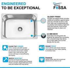 Fossa 24"X18"X09" Single Bowl Stainless Steel Kitchen Sink With SS Coupling Glossy Finish Fossa Home