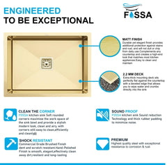 Fossa 24"x18"x10" Inch Single Bowl Premium Stainless Steel Handmade Kitchen Sink Gold Fossa Home