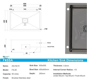 Premium Handmade (24 x 18 x 10) Inch Single Bowl Black with Side Tap Hole Stainless Steel Kitchen Sink - Fossa Home