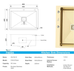 Fossa 24"x18"x10" Inch Single Bowl With Tap Hole 304 Grade Stainless Steel Handmade Kitchen Sink (Matte Finish) Gold Fossa Home