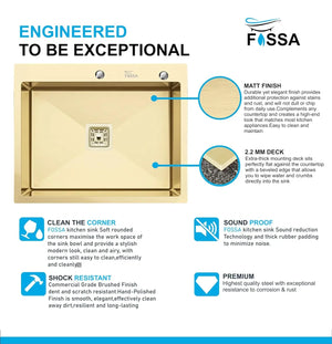 Fossa 24"x18"x10" Inch Single Bowl With Tap Hole 304 Grade Stainless Steel Handmade Kitchen Sink (Matte Finish) Gold Fossa Home