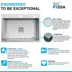 Fossa 24"x18"x10" Inch Single Bowl With Tap Hole Premium Handmade Kitchen Sink Silver Fossa Home