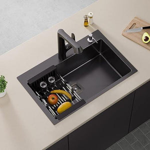 Premium Handmade (24 x 18 x 10) Inch Single Bowl with Tap Hole Black Stainless Steel Kitchen Sink - Fossa Home