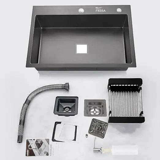 Fossa 24"x18"x10" Inch Single Bowl With Tap Hole Premium Stainless Steel Handmade Kitchen Sink (Matte Finish) Black Fossa Home
