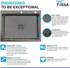 Fossa 24"x18"x10" Inch Single Bowl With Tap Hole SS-304 Grade Handmade Kitchen Sink Black Fossa Home