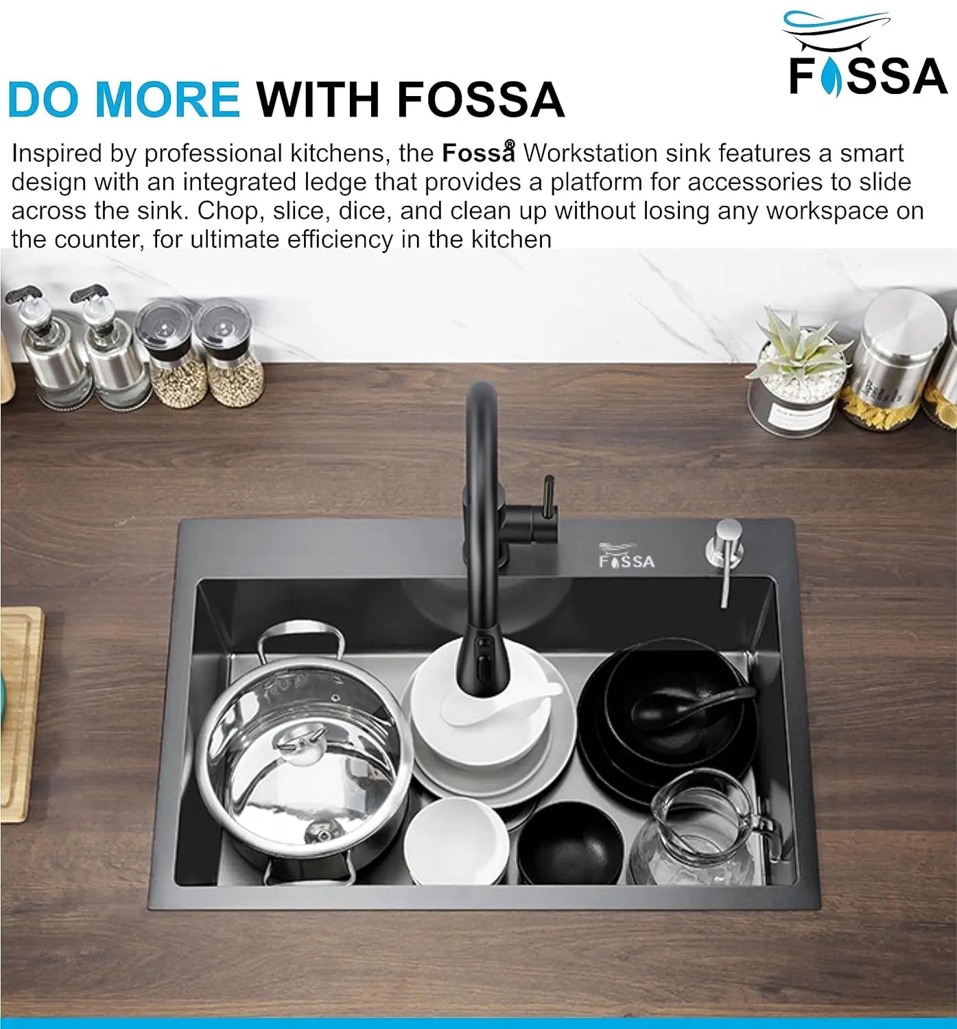 Fossa 24"x18"x10" Inch Single Bowl With Tap Hole SS-304 Grade Handmade Kitchen Sink Black Fossa Home