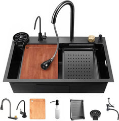 Fossa 24"x18"x10" inch Waterfall Premium Nano Kitchen Sink with Integrated Pull Out Mixer Faucet & Complete Set Fossa Home