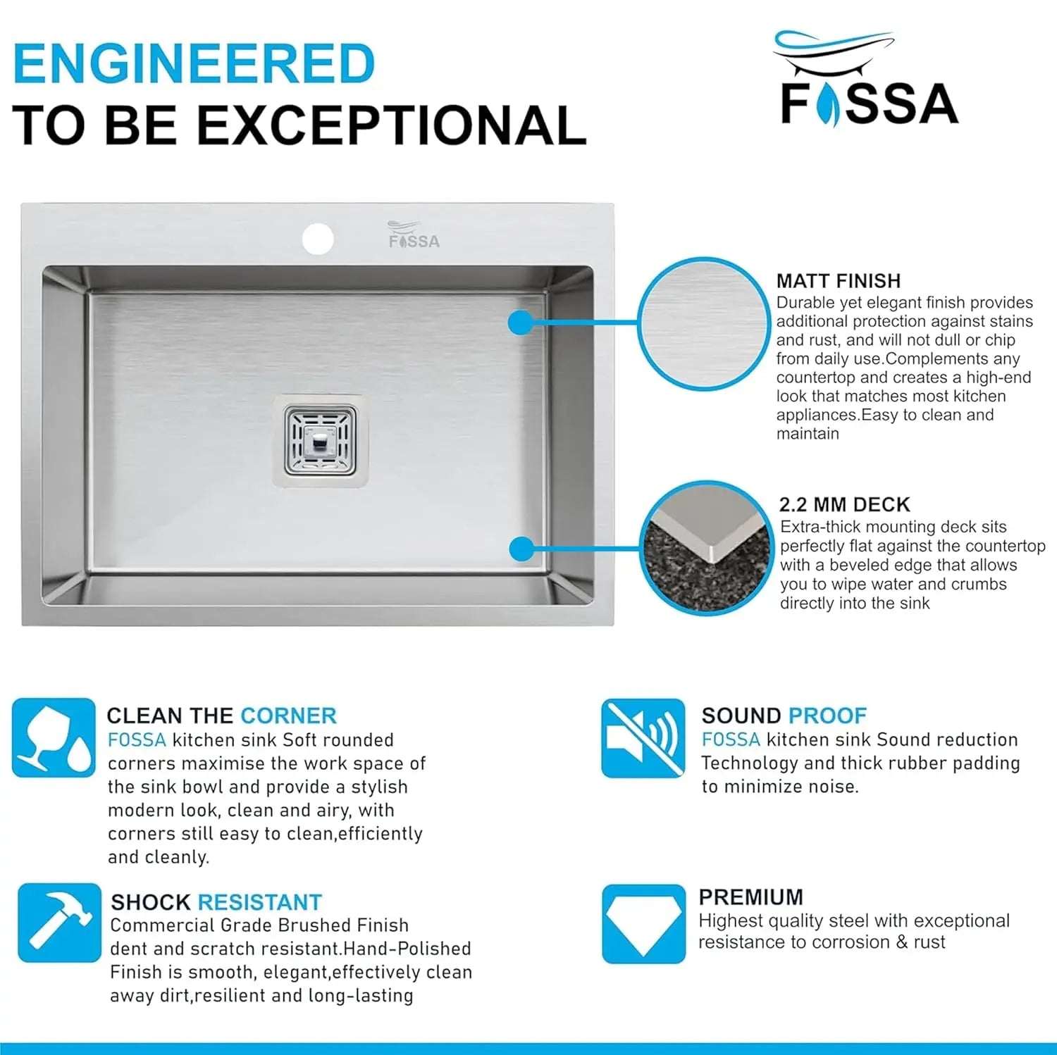 Fossa 24"x18"x10" Single Bowl with Tap Hole Premium Stainless Steel Handmade Kitchen Sink Matte Finish Silver Fossa Home