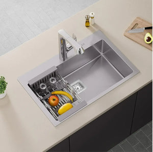 Premium Handmade (24 x 18 x 10) Inch Single Bowl Silver with Tap Hole Stainless Steel Kitchen Sink - Fossa Home
