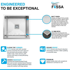 Fossa 24"x24"x10" Inch Single Bowl Premium Stainless Steel Handmade Kitchen Sink Silver Fossa Home