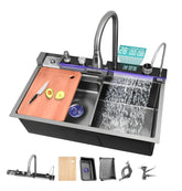 Fossa 27"x18"X09" Inch Piano 304 Grade Waterfall Stainless Steel Sink with LED Pannel and Touchscreen Digital Display - Nano Black Finish with All Accessories Fossa Home