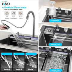 Fossa 27"x18"X09" Inch Piano 304 Grade Waterfall Stainless Steel Sink with LED Pannel and Touchscreen Digital Display - Nano Black Finish with All Accessories Fossa Home