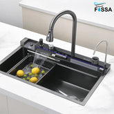 Fossa 30"x18"x10" inch Piano Fully Equipped Kitchen Sink with Integrated Waterfall and Pull-down Faucets - SS-304 Grade Stainless Steel Sink with LED Pannel and Digital Display - Nano Black Finish Fossa Home