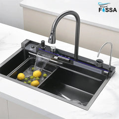 Fossa 30"x18"x10" inch Piano Fully Equipped Kitchen Sink with Integrated Waterfall and Pull-down Faucets - SS-304 Grade Stainless Steel Sink with LED Pannel and Digital Display - Nano Black Finish Fossa Home