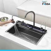 Fossa 30"x18"x10" inch Piano Fully Equipped Kitchen Sink with Integrated Waterfall and Pull-down Faucets - SS-304 Grade Stainless Steel Sink with LED Pannel and Digital Display - Nano Black Finish Fossa Home