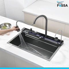 Fossa 30"x18"x10" inch Piano Fully Equipped Kitchen Sink with Integrated Waterfall and Pull-down Faucets - SS-304 Grade Stainless Steel Sink with LED Pannel and Digital Display - Nano Black Finish Fossa Home