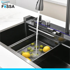 Fossa 30"x18"x10" inch Piano Fully Equipped Kitchen Sink with Integrated Waterfall and Pull-down Faucets - SS-304 Grade Stainless Steel Sink with LED Pannel and Digital Display - Nano Black Finish Fossa Home