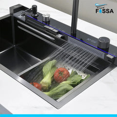Fossa 30"x18"x10" inch Piano Fully Equipped Kitchen Sink with Integrated Waterfall and Pull-down Faucets - SS-304 Grade Stainless Steel Sink with LED Pannel and Digital Display - Nano Black Finish Fossa Home