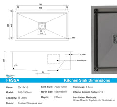 Fossa 30"x18"x10" inch Single Bowl SS-304 Grade Stainless Steel Handmade Kitchen Sink (Matte Finish) Black Fossa Home
