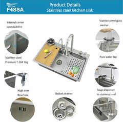 Fossa 30"x18"x10" inch Stainless Steel Premium Honeycomb Handmade Single Bowl With Water Fall Kitchen Sink, Matte Finish, With Basket Fossa Home