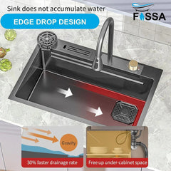 Fossa 30"x18"x10" inch Stainless Steel SS-304 Handmade Single Bowl WaterFall Kitchen Sink With Stand Matte Finish Fossa Home