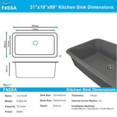 Fossa 31"x19"x09" Inch Granite Quartz Kitchen Sink Single Bowl with Basket, Coupling, Waste Pipe Quartz German Engineered Technology Kitchen Sink Easy-to-Clean Sink (Grey) Fossa Home