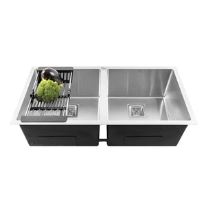 Premium Handmade (32 x 18 x 10) Inch Double Bowl Silver Stainless Steel Kitchen Sink - Fossa Home