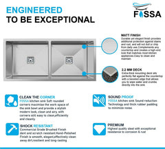 Fossa 32"x18"x10" Inch Double Bowl Premium Stainless Steel Handmade Kitchen Sink Silver Fossa Home