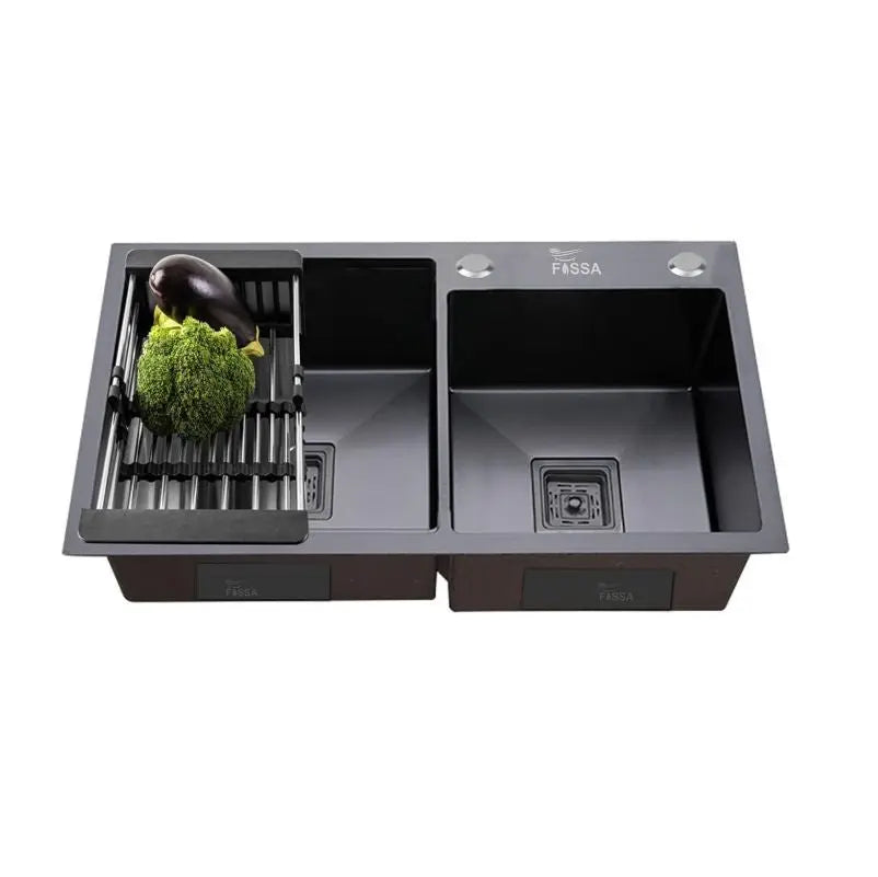 Fossa 32"x18"x10" Inch Double Bowl with Single Tap Hole Premium Handmade Kitchen Sink Black Fossa Home
